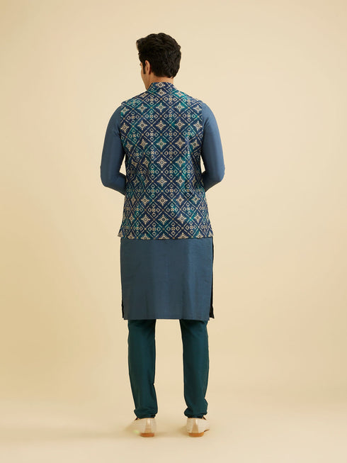 Manyavar Teal Blue Grid Patterned Jacket