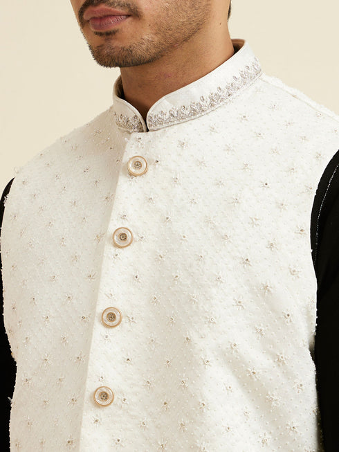 Manyavar Elegant White Nehru Jacket with Hand Embroidery and Cutdana Work