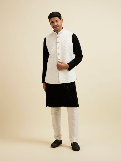 Manyavar Elegant White Nehru Jacket with Hand Embroidery and Cutdana Work