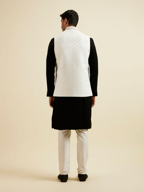 Manyavar Elegant White Nehru Jacket with Hand Embroidery and Cutdana Work