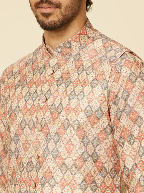 Manyavar Sand Beige Grid Patterned Jacket