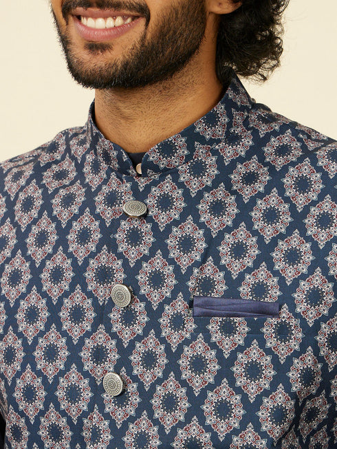 Manyavar Dark Blue Medallion Printed Nehru Jacket
