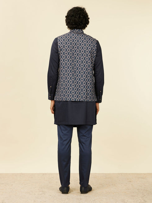 Manyavar Dark Blue Medallion Printed Nehru Jacket