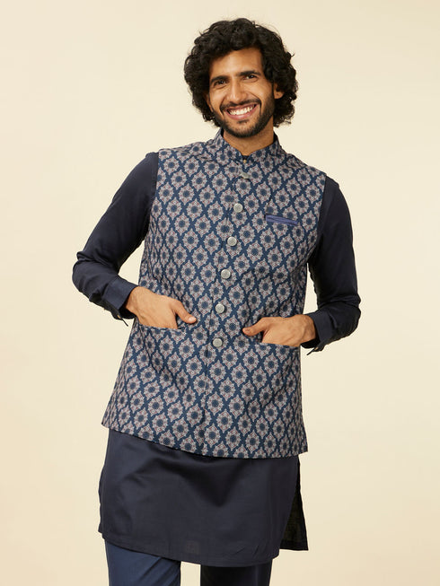 Manyavar Dark Blue Medallion Printed Nehru Jacket