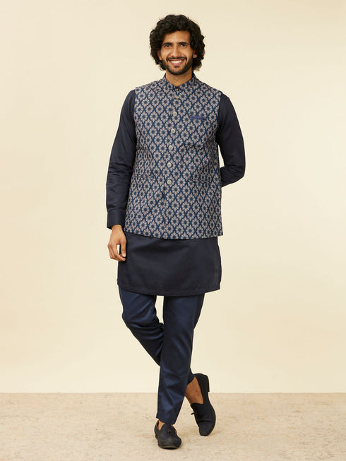 Manyavar Dark Blue Medallion Printed Nehru Jacket