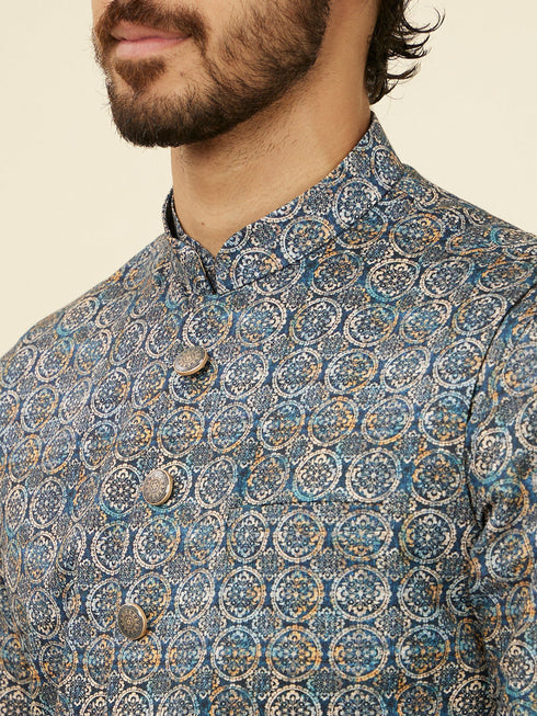 Manyavar Dark Blue Self Patterned Nehru Jacket