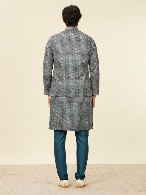 Manyavar Dark Blue Self Patterned Nehru Jacket