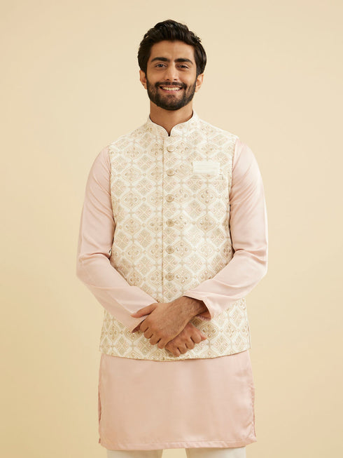 Manyavar Warm White Ogee Jaal Patterned Nehru Jacket