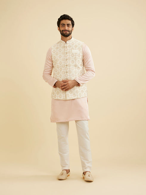 Manyavar Warm White Ogee Jaal Patterned Nehru Jacket