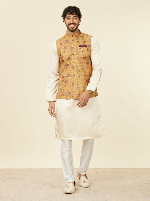 Manyavar Mustard Yellow Bel Buti Patterned Nehru Jacket