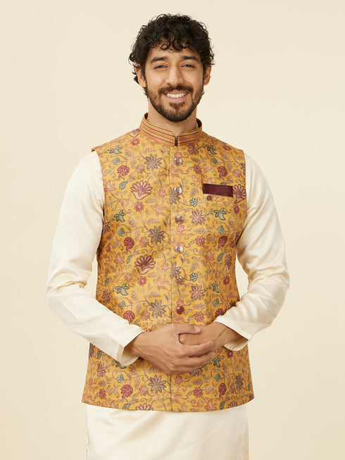 Manyavar Mustard Yellow Bel Buti Patterned Nehru Jacket