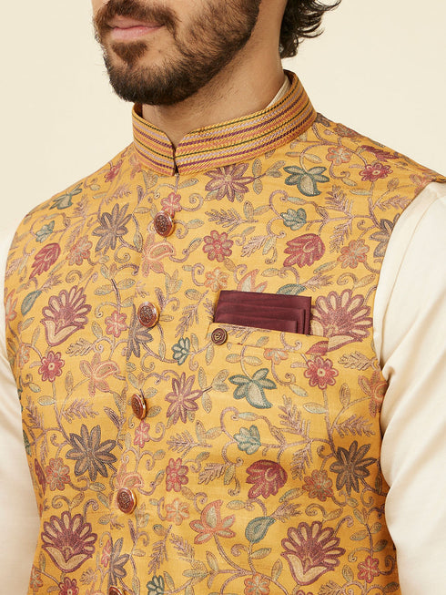 Manyavar Mustard Yellow Bel Buti Patterned Nehru Jacket