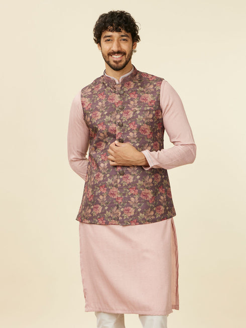 Manyavar Mauve Wine Floral Printed Nehru Jacket