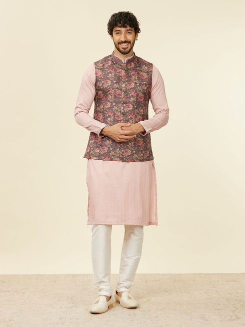 Manyavar Mauve Wine Floral Printed Nehru Jacket