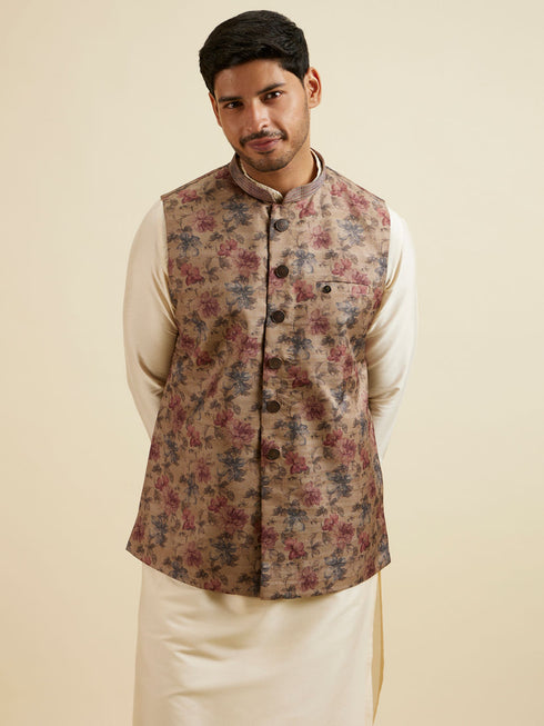 Manyavar Walnut Floral Printed Nehru Jacket