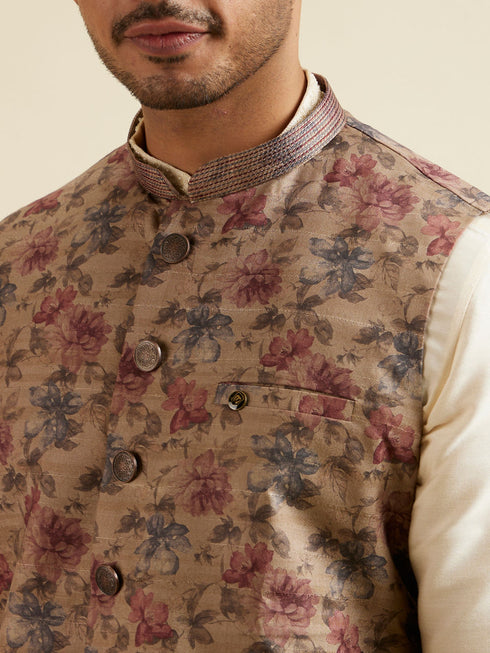Manyavar Walnut Floral Printed Nehru Jacket