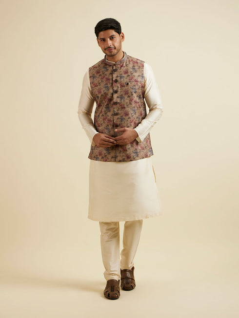 Manyavar Walnut Floral Printed Nehru Jacket