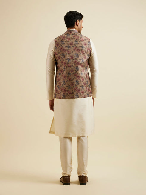 Manyavar Walnut Floral Printed Nehru Jacket