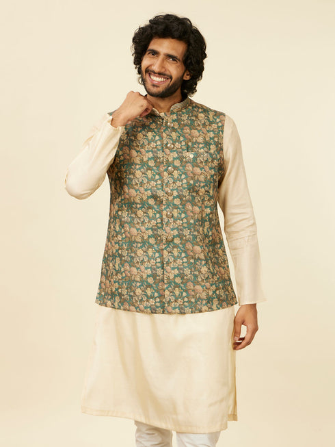 Manyavar Teal Green Floral Printed Nehru Jacket