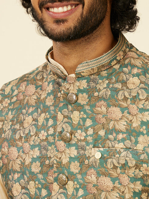 Manyavar Teal Green Floral Printed Nehru Jacket