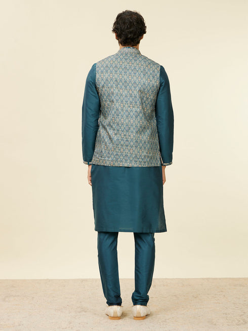 Manyavar Teal Blue Medallion Patterned Nehru Jacket
