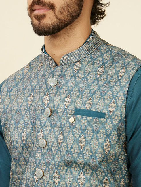 Manyavar Teal Blue Medallion Patterned Nehru Jacket