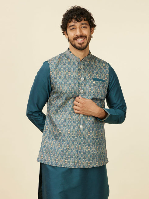 Manyavar Teal Blue Medallion Patterned Nehru Jacket