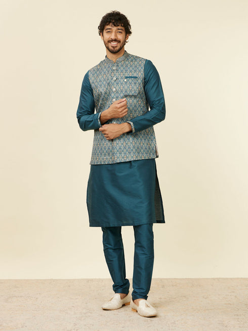 Manyavar Teal Blue Medallion Patterned Nehru Jacket