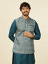 Manyavar Teal Blue Medallion Patterned Nehru Jacket