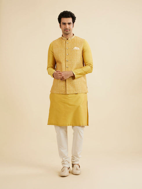 Manyavar Mustard Yellow Bandhani Print Nehru Jacket