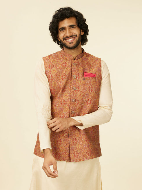 Manyavar Rust Red Paisley Patterned Nehru Jacket
