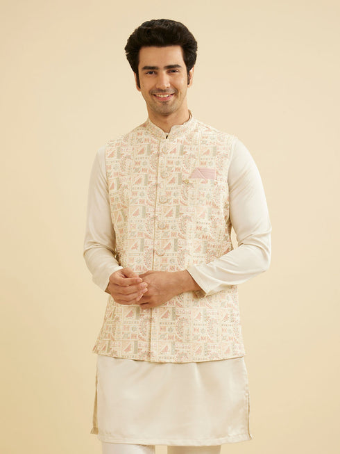Manyavar Cream Satin Nehru Jacket