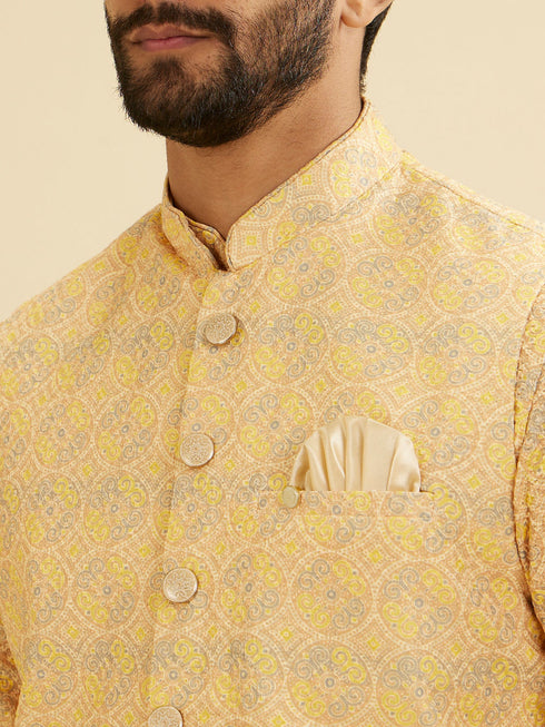 Manyavar Vibrant Yellow Nehru Jacket with All Over Print and Embroidery