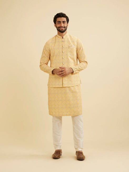 Manyavar Vibrant Yellow Nehru Jacket with All Over Print and Embroidery