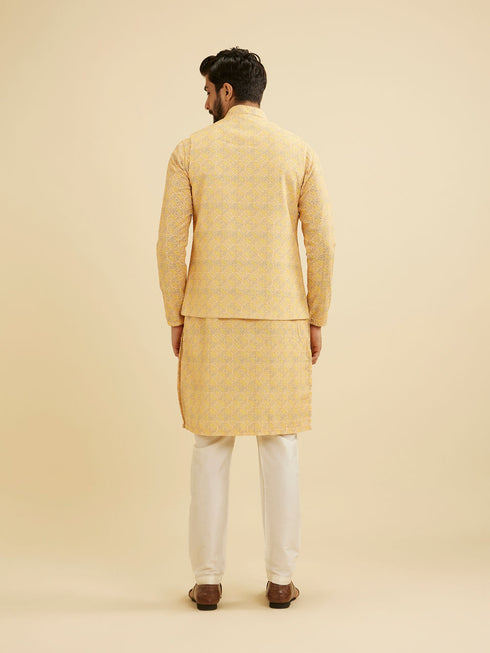 Manyavar Vibrant Yellow Nehru Jacket with All Over Print and Embroidery