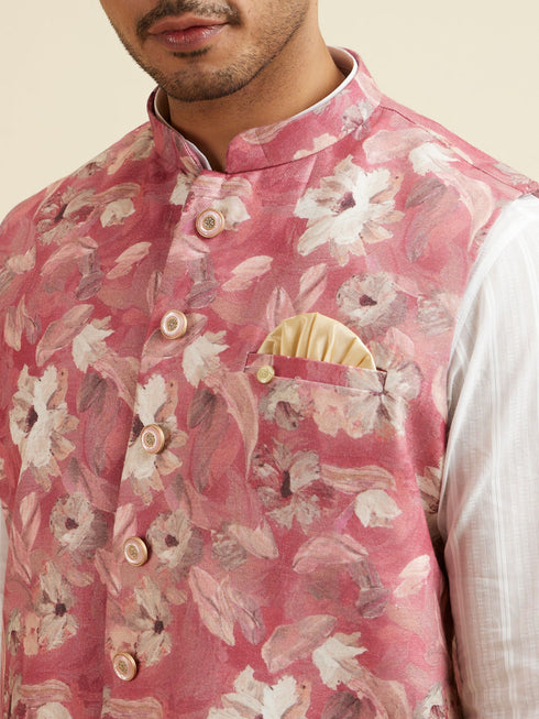 Manyavar Coral Pink Floral Printed Jacket
