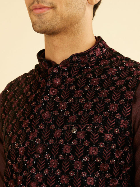 Manyavar Velvety Wine Embroidered Nehru Jacket