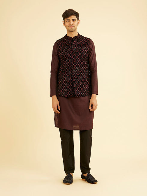 Manyavar Velvety Wine Embroidered Nehru Jacket
