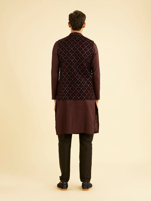 Manyavar Velvety Wine Embroidered Nehru Jacket