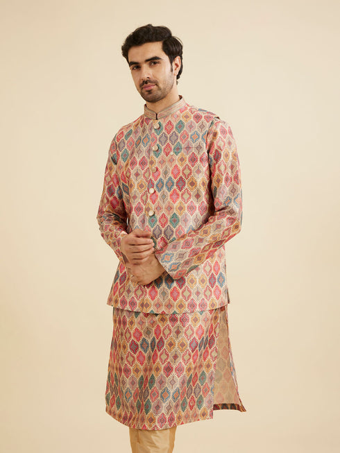 Manyavar Beige Ikat Inspired Ogee Printed Nehru Jacket