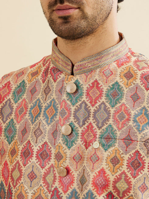 Manyavar Beige Ikat Inspired Ogee Printed Nehru Jacket