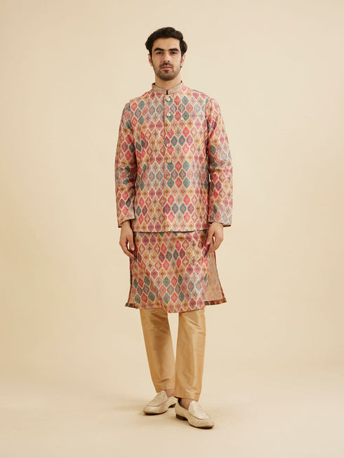 Manyavar Beige Ikat Inspired Ogee Printed Nehru Jacket