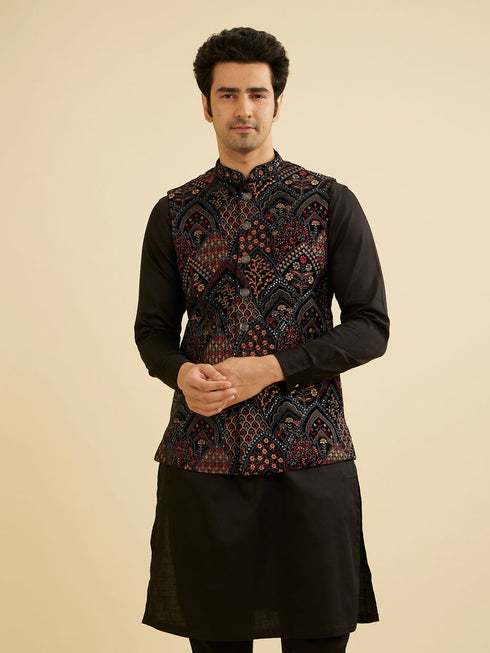 Manyavar Black Fern Motifs in Fish Scale Pattern Nehru Jacket