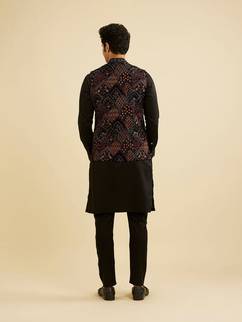 Manyavar Black Fern Motifs in Fish Scale Pattern Nehru Jacket