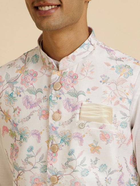 Manyavar Warm White Bel Buti Print Nehru Jacket