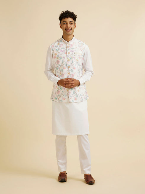 Manyavar Warm White Bel Buti Print Nehru Jacket