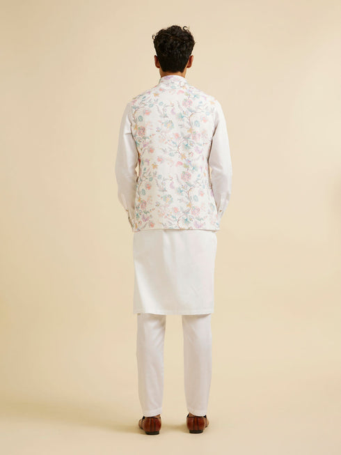 Manyavar Warm White Bel Buti Print Nehru Jacket