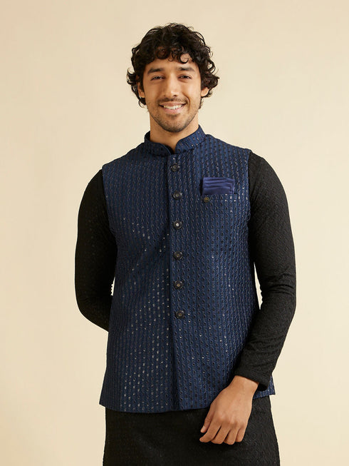 Manyavar Dark Blue Mirror Embellished Nehru Jacket