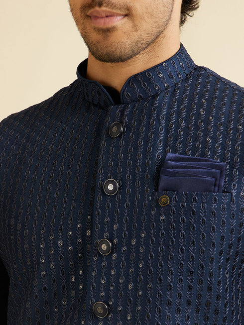 Manyavar Dark Blue Mirror Embellished Nehru Jacket