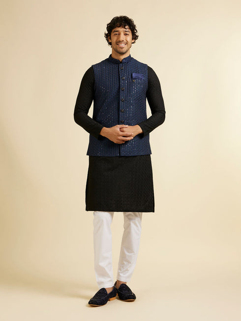 Manyavar Dark Blue Mirror Embellished Nehru Jacket